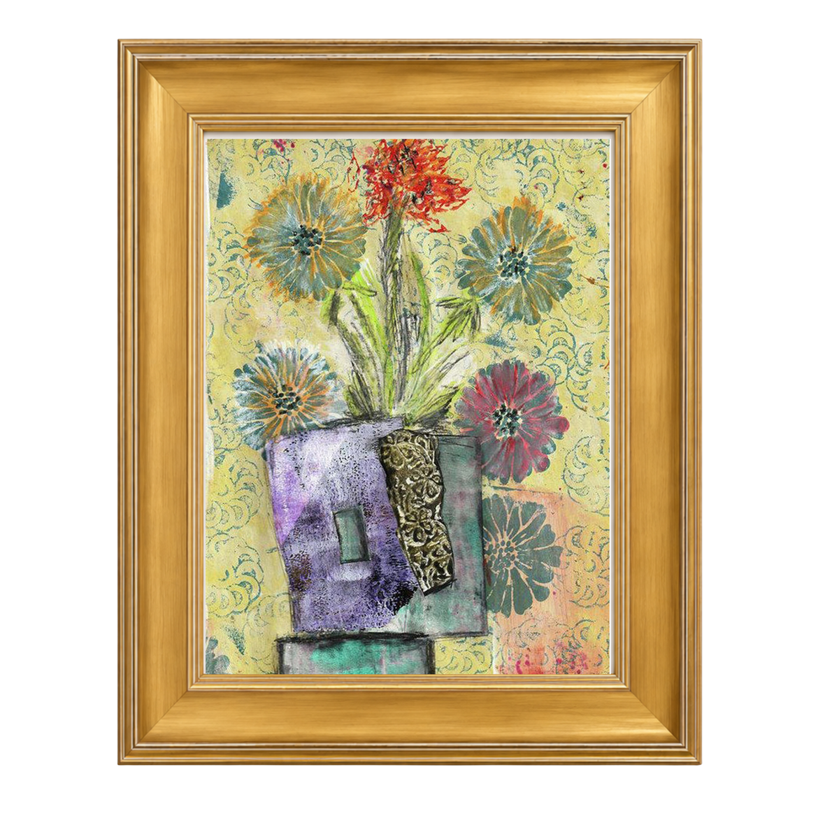  A beautifully framed Mead Moon contemporary fine art print by artist Sara Palacios, showcasing serene textures and warm tones in a premium solid wood gold frame.