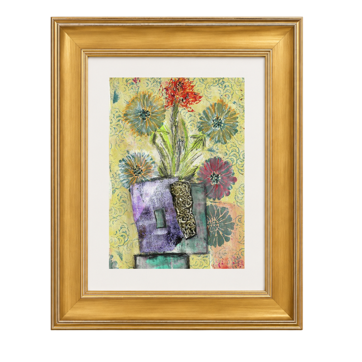  A beautifully framed Mead Moon contemporary fine art print by artist Sara Palacios, showcasing serene textures and warm tones in a premium matted solid wood gold frame.