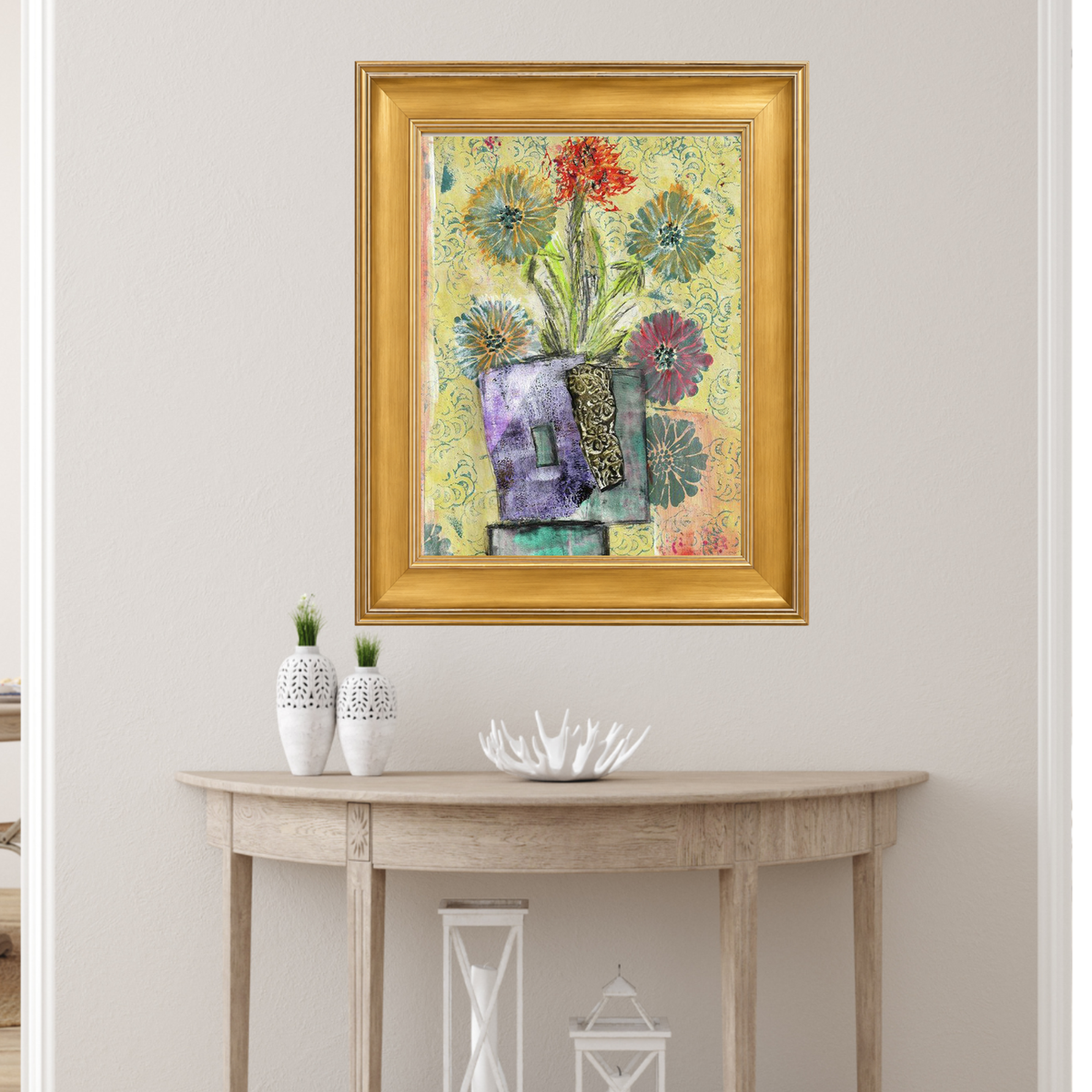  A beautifully framed Mead Moon contemporary fine art print by artist Sara Palacios, showcasing serene textures and warm tones in a premium solid wood frame within a sophisticated interior vignette.