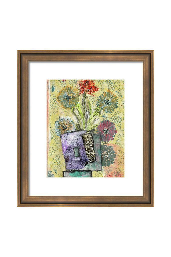 Framed artwork with a colorful floral design on a white background