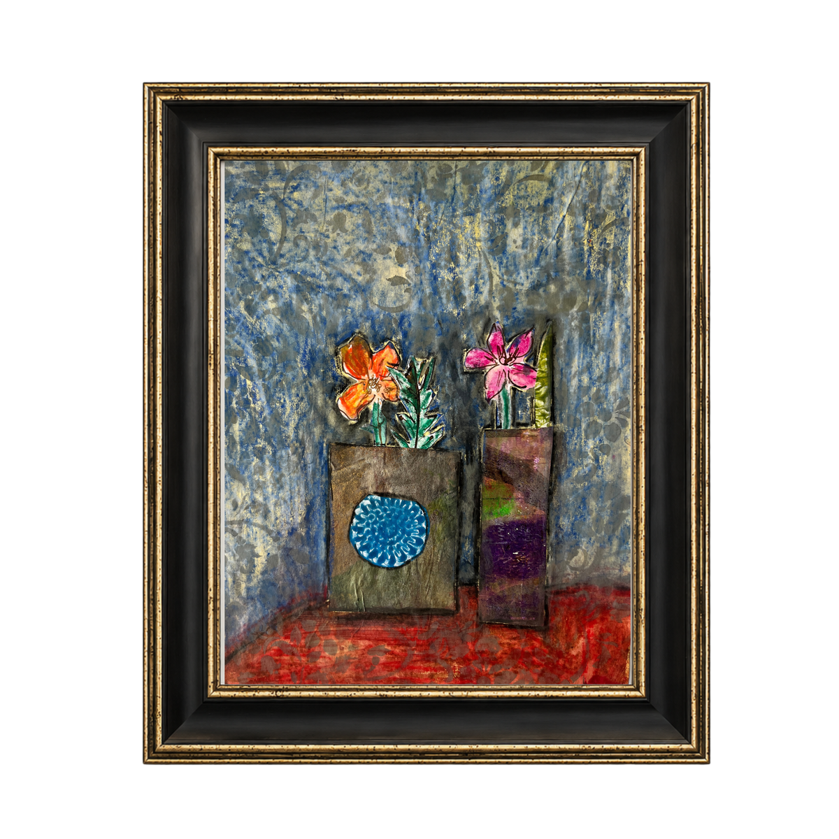 A framed mixed-media still life painting featuring two textured vases with colorful flowers against a blue and gold background, housed in a black frame with gold trim.