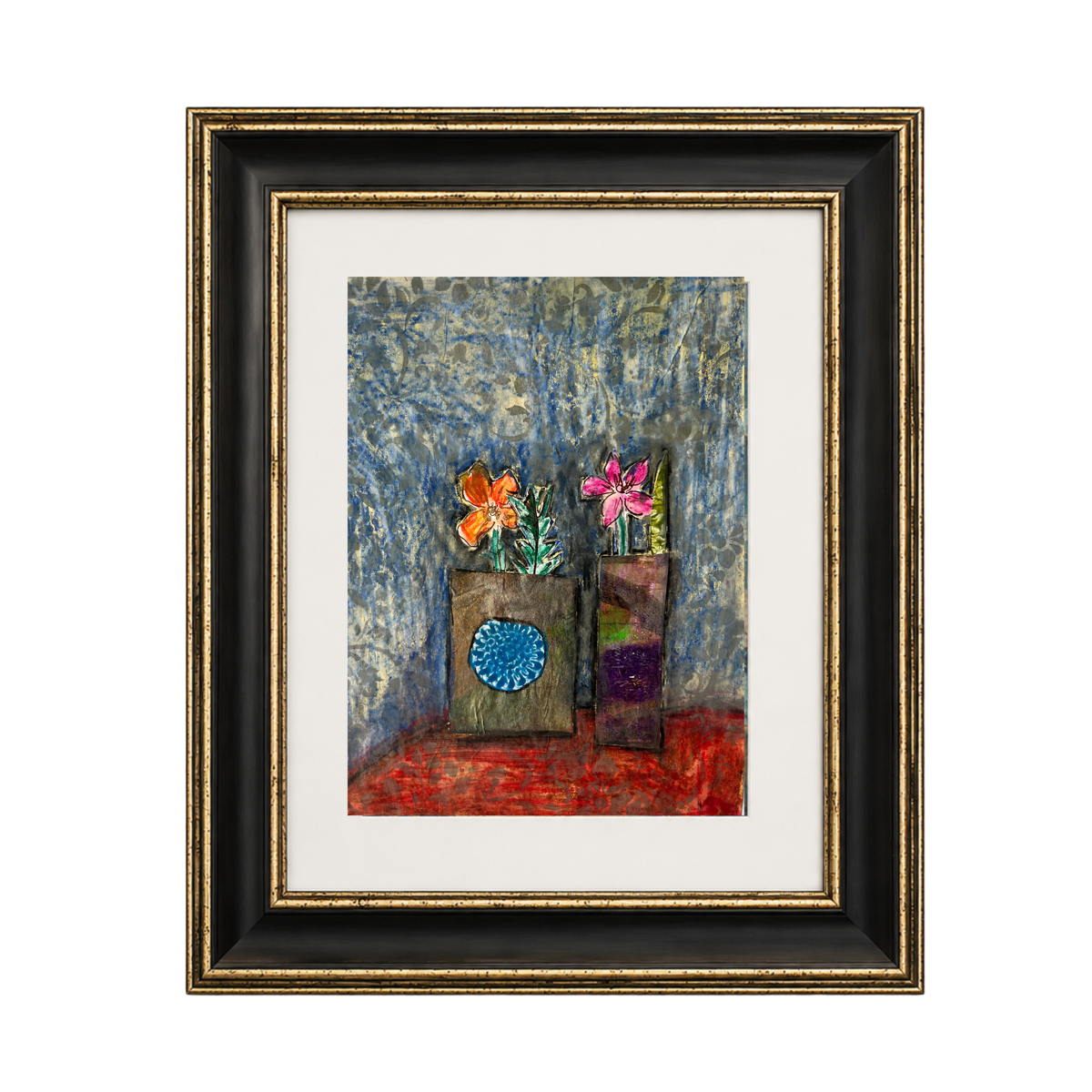Framed artwork featuring two textured flower boxes with colorful flowers against a mottled blue background, set in a black frame with gold trim and a white mat.