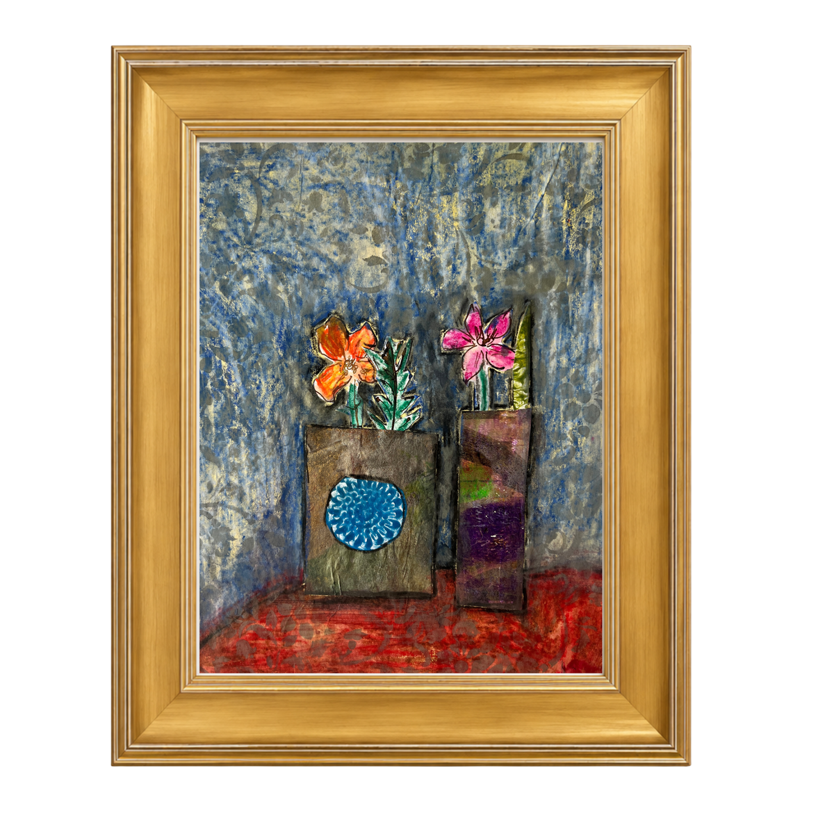 A framed textured painting depicting two flower vases with orange and pink flowers against a mottled blue background and red floor, enclosed in a gold frame.