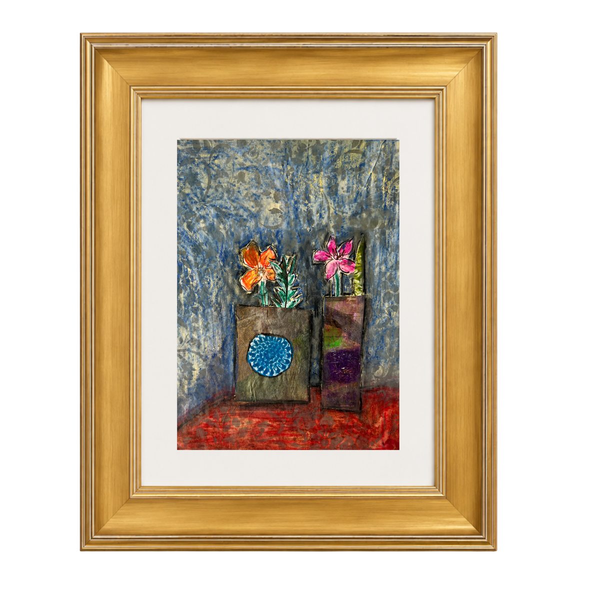 Framed textured painting of two flower vases on a red surface against a mottled blue background, presented in a gold frame with a white mat.