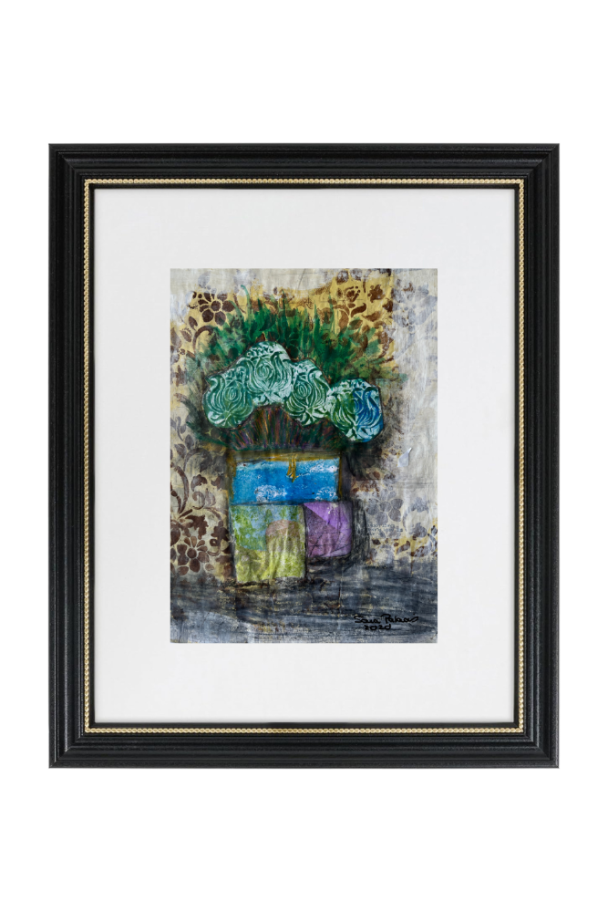 Framed abstract artwork with floral elements on a white background