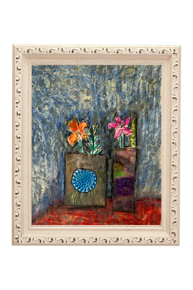 Framed artwork with flowers and textured background