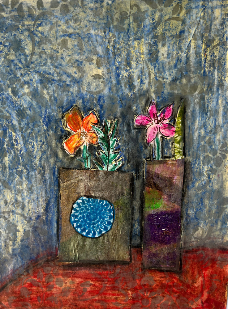 Artistic depiction of two vases with flowers against a textured blue wall.