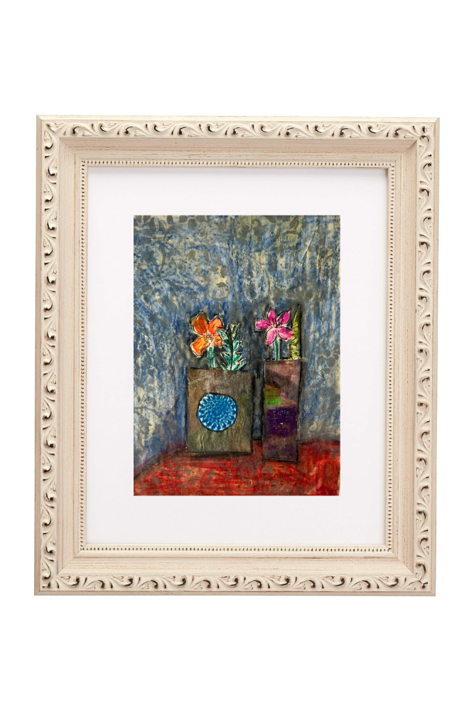 Framed artwork with abstract design and flowers on a white background