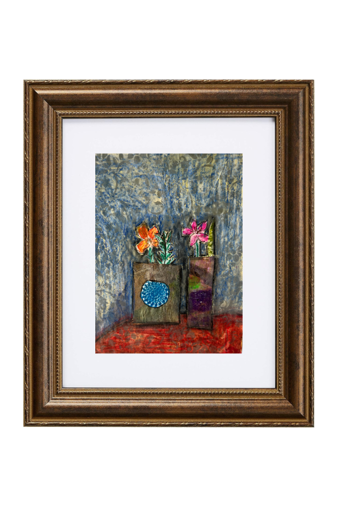 Framed artwork with abstract design and colorful flowers on a white background