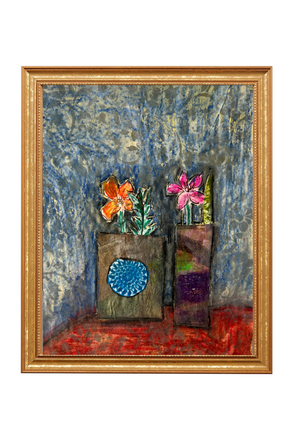 Framed artwork with two vases containing flowers on a textured surface