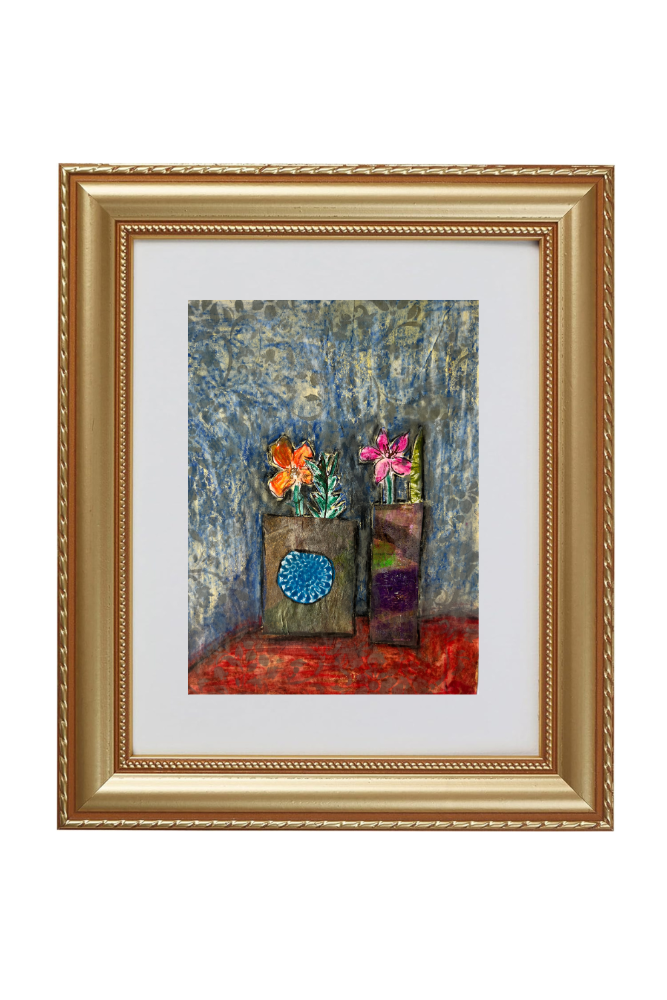 Framed artwork with flowers and a textured background