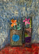 Artistic depiction of two vases with flowers against a textured blue wall.
