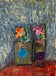 Artistic depiction of two vases with flowers against a textured blue wall.