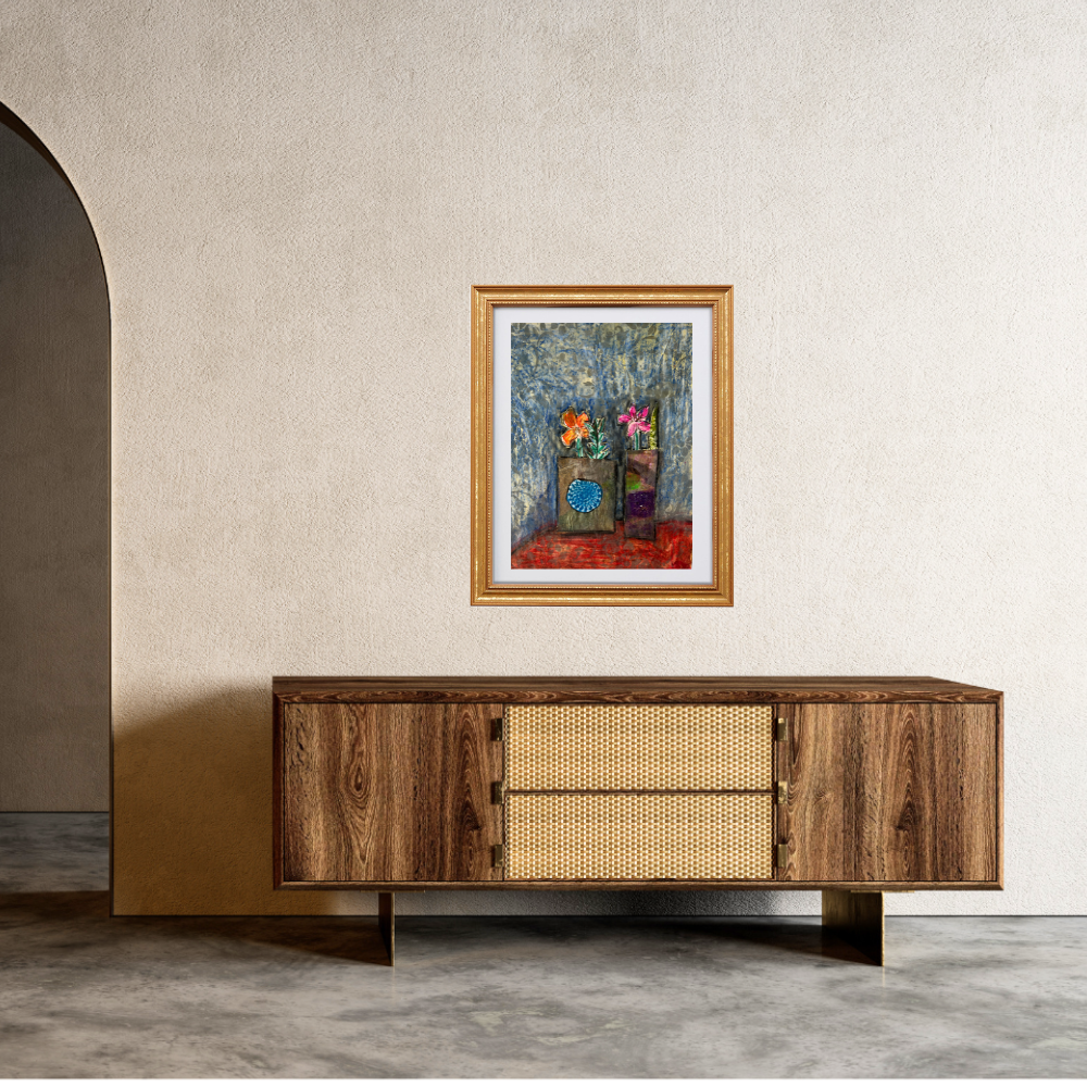 Floral Wall Fine Art Print. Wooden sideboard with woven design against a neutral wall with a framed painting.