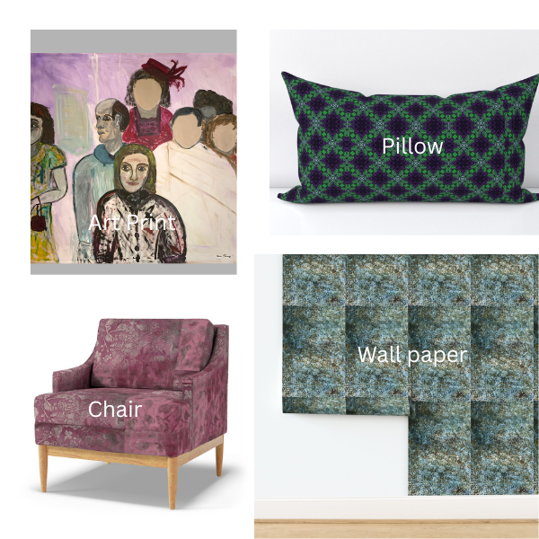Collage of a chair, pillow, and wall paper with labels on a white background
