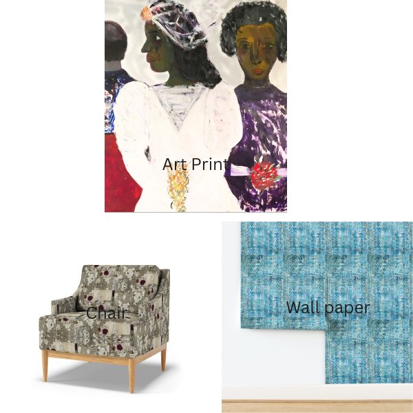 Collage of art print, chair, and wallpaper samples.
