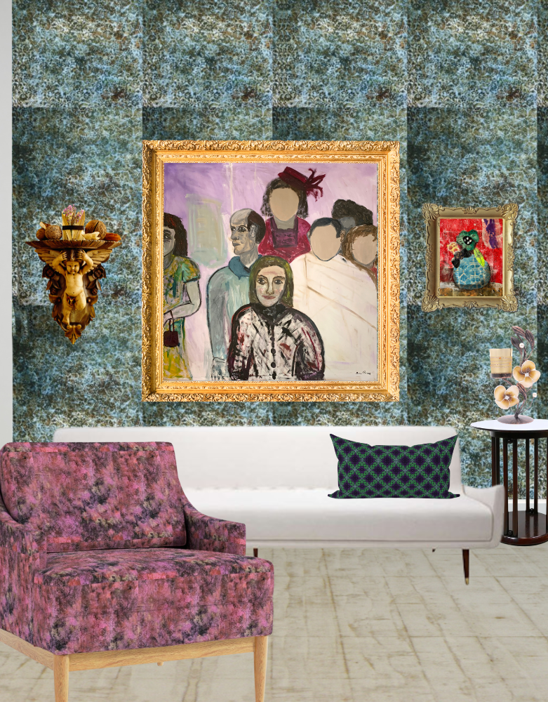 Living room with a textured green wall, framed artwork, and a floral armchair.