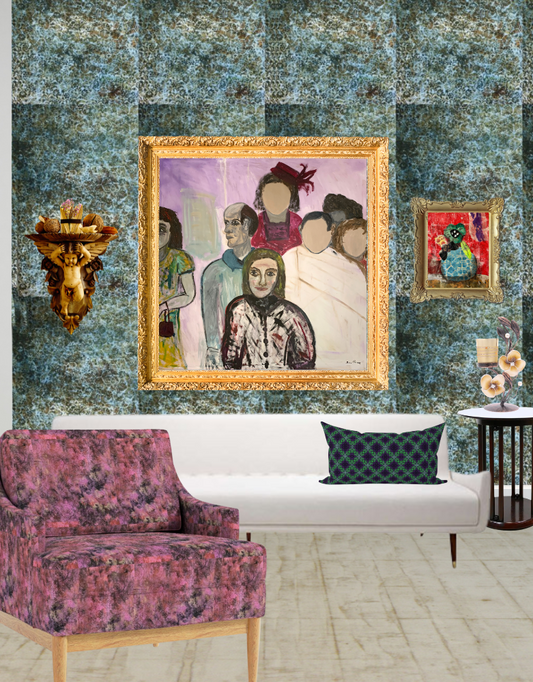 Living room with a textured green wall, framed artwork, and a floral armchair.