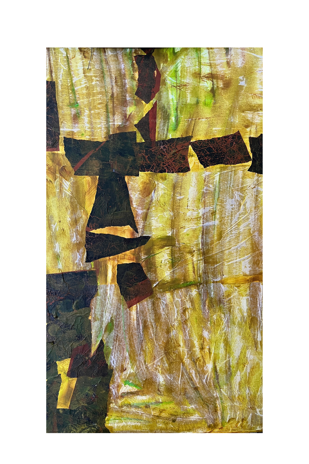 An abstract mixed-media painting featuring textured vertical brushstrokes in gold, yellow, olive green, and white, overlaid with bold black and dark brown geometric shapes.