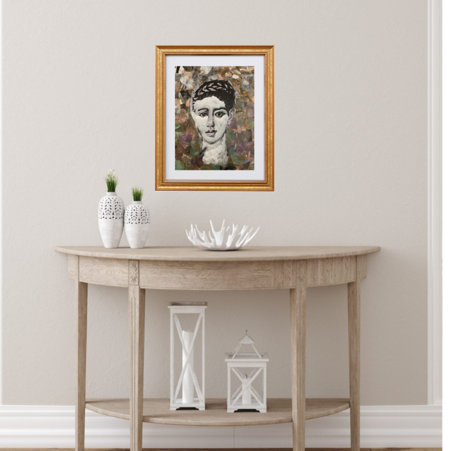 Colorful Portraits Fine Art Prints. Wooden console table with decorative items against a white wall with a framed portrait above.