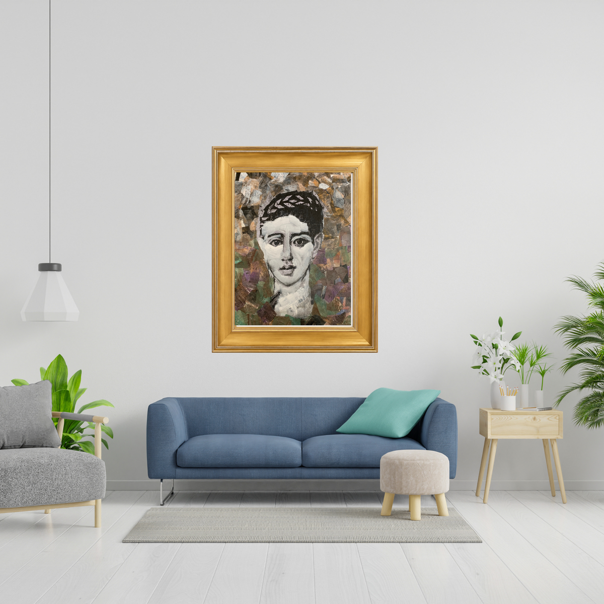 Octavia fine art print by contemporary artist Sara Palacios, featuring a soulful and commanding mixed-media portrait with profound emotional presence and intricate gallery textures, on a gold frame.