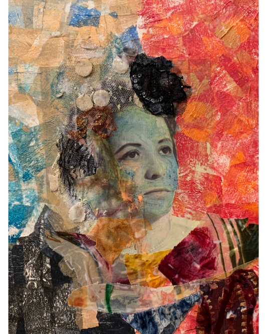 Collage art with a woman's face and floral elements on a colorful abstract background