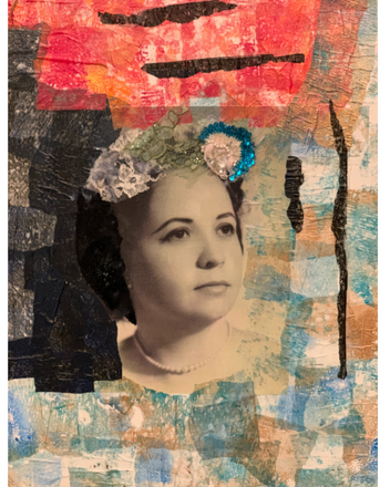 Collage art with a vintage portrait of a woman on a colorful abstract background