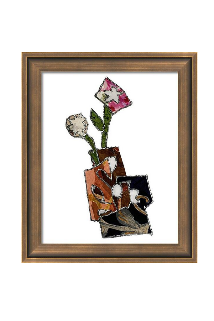 Framed mosaic artwork of flowers on a white background