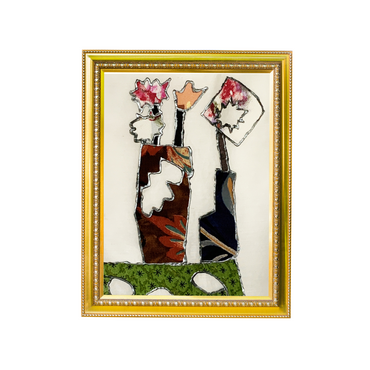 Framed artwork of abstract figures with floral elements on a white background