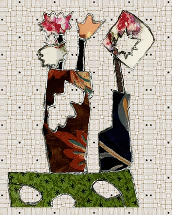 Abstract artwork with colorful figures on a grid background