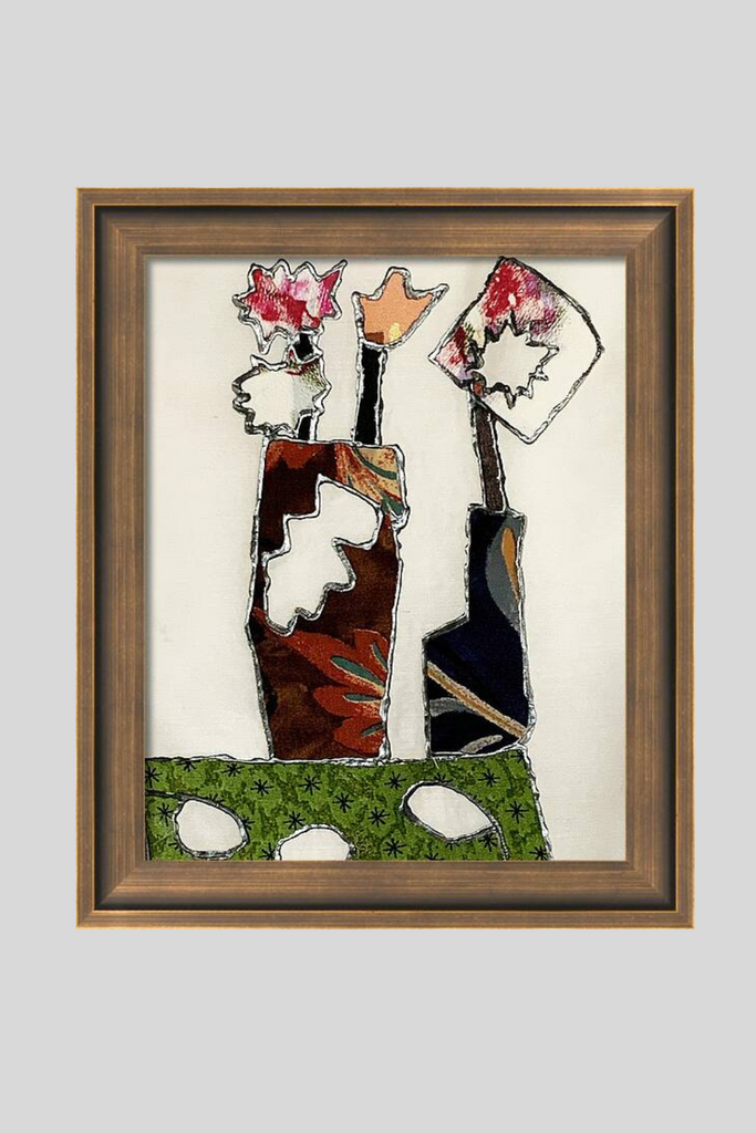 Framed abstract artwork with two figures on a beige background