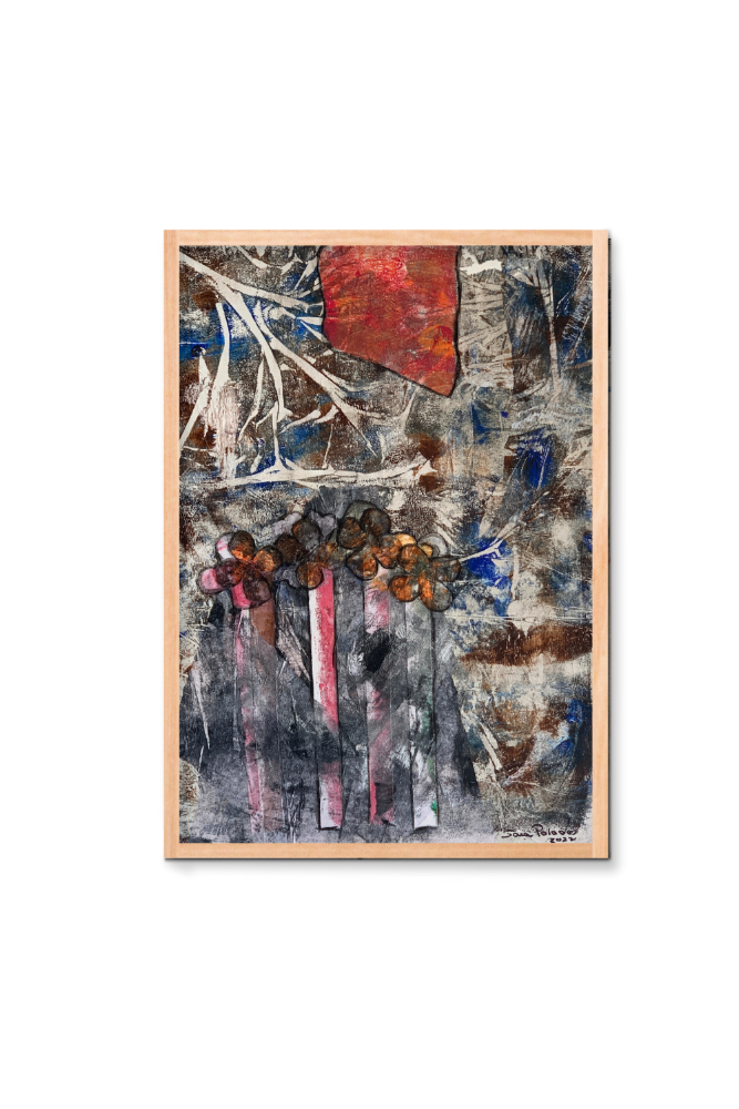 Abstract painting with a wooden frame on a white background