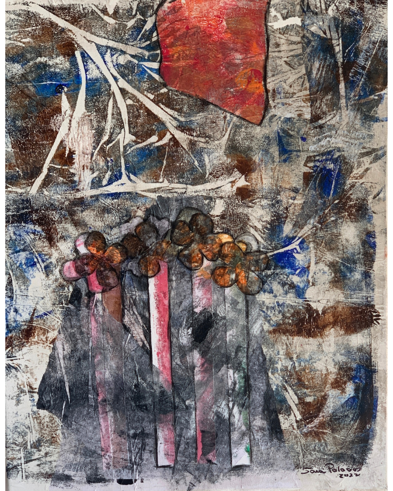 Abstract artwork with a central figure and colorful background