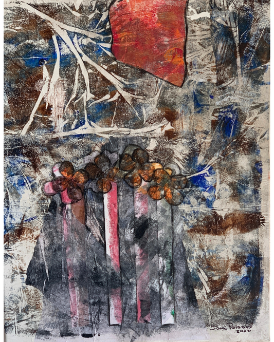 Abstract artwork with a central figure and colorful background