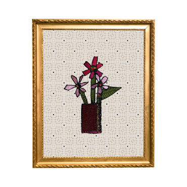 Framed cross-stitched artwork of flowers in a vase on a white background