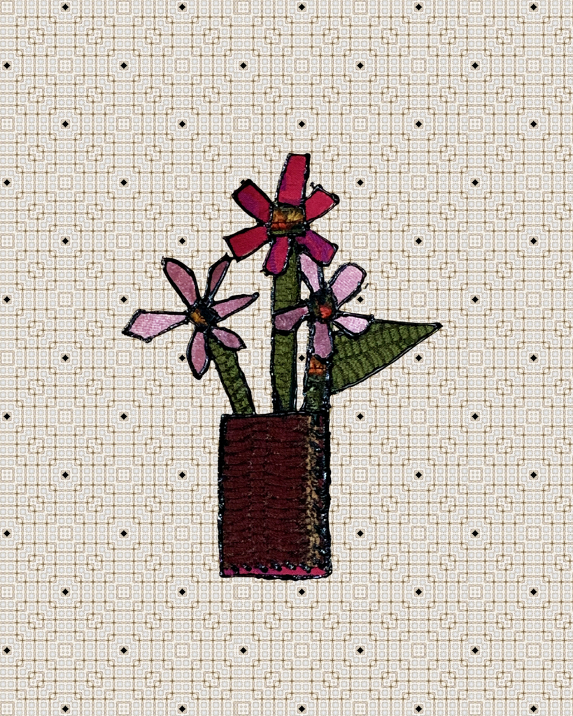 Embroidered design of a flower pot with pink flowers on a grid background