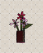 Embroidered design of a flower pot with pink flowers on a grid background