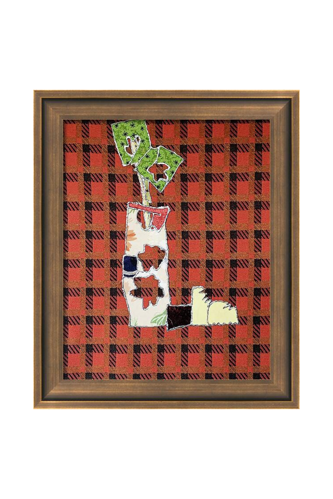 Framed artwork with a plaid pattern and cut-out shapes on a white background