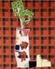 Colorful abstract design on a red and black plaid background