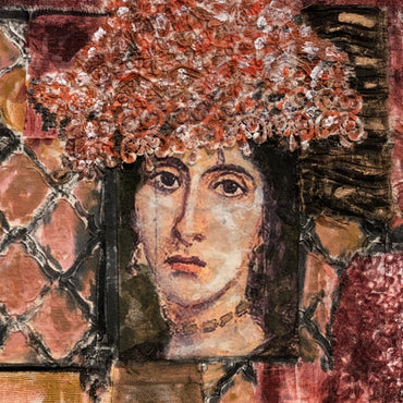 Fabric collage portrait of a woman named Lavina with soft eyes and a floral lace crown, surrounded by blush, rose, and vintage brown textile textures.
