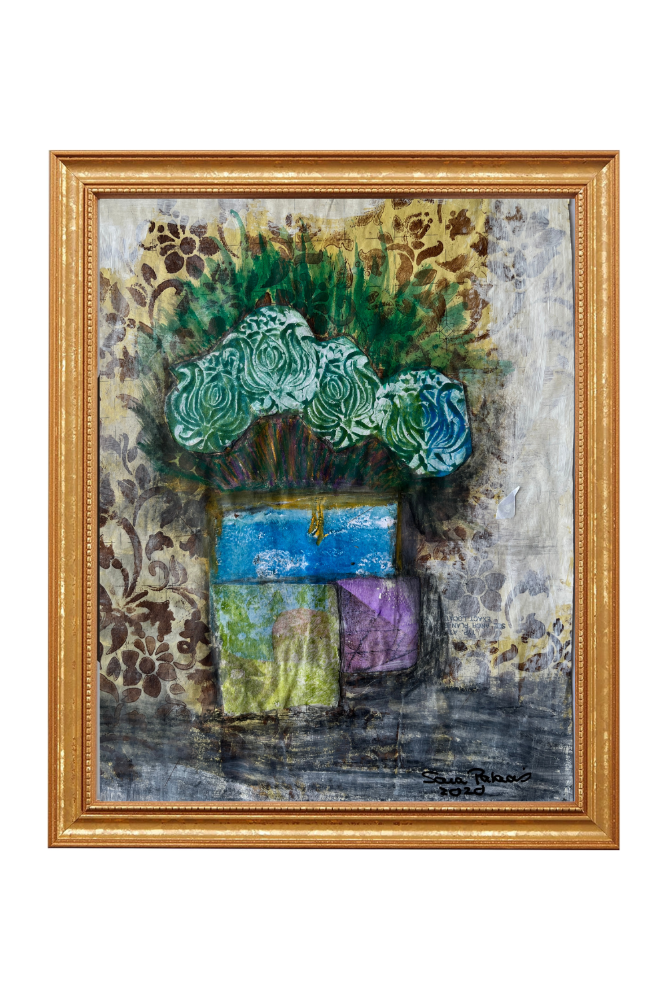 Abstract painting with floral elements in a gold frame