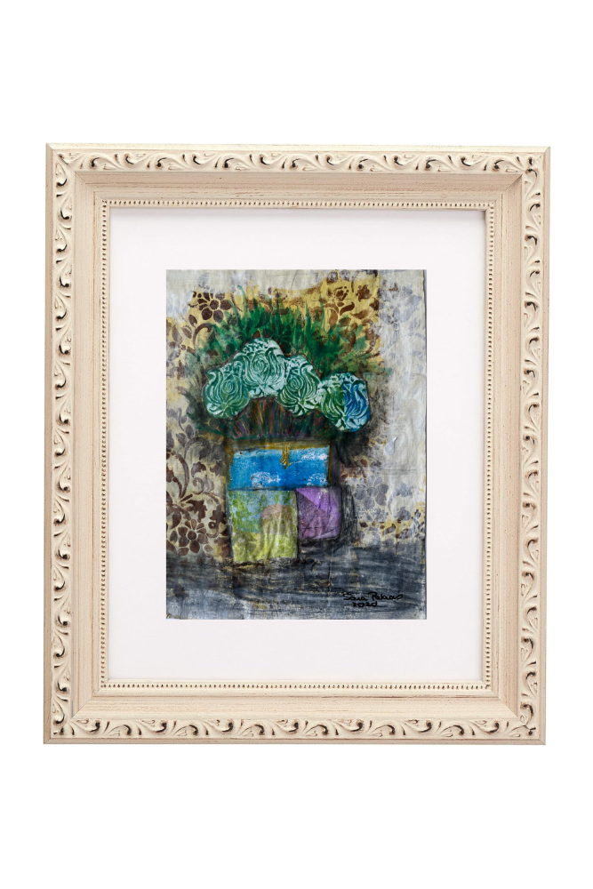 Framed artwork of a still life with flowers on a white background