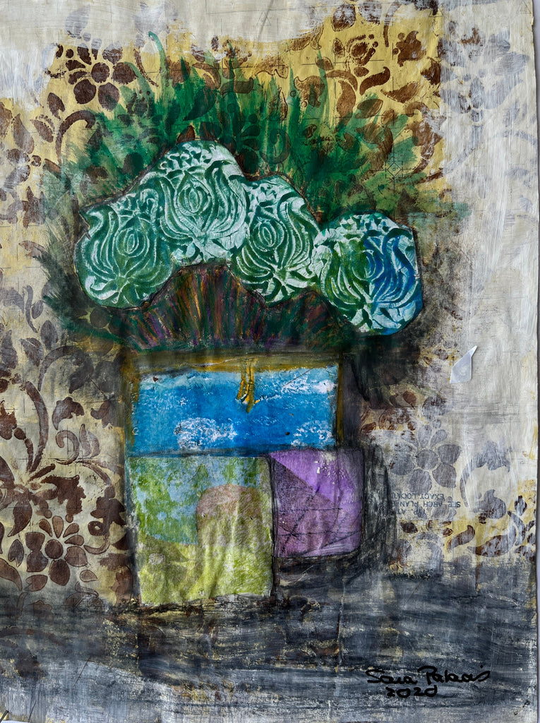 still life of blue flowers in a yellow purple vase