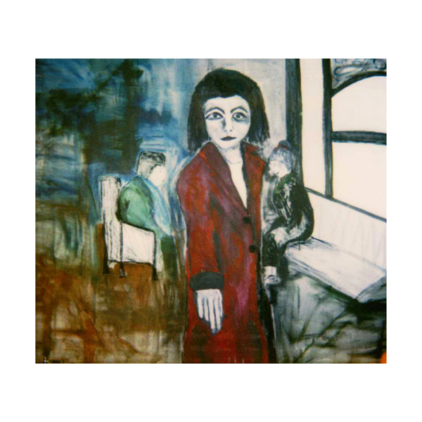 Artistic depiction of a person in a red coat standing by a window with a blurred background