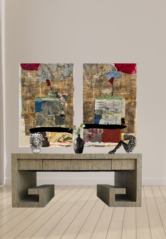 Two abstract artworks on a wall with a console table in front