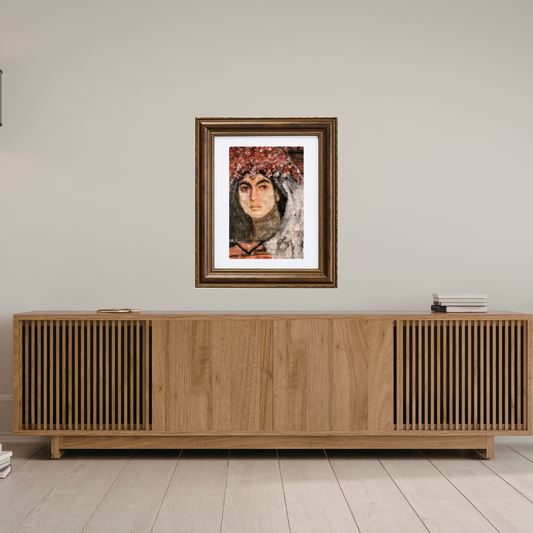 Colorful Portraits Fine Art Prints. Wooden sideboard with a framed portrait above it on a light gray wall.