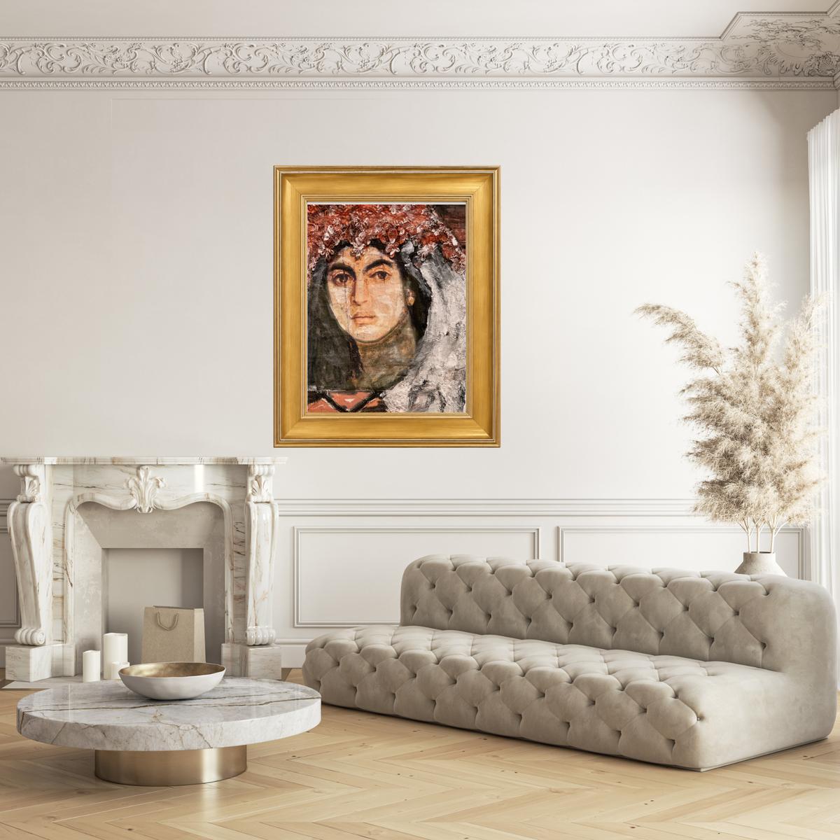 Serena fine art print by contemporary artist Sara Palacios, featuring an elegant and expressive mixed-media portrait with exceptional narrative depth and detailed gallery textures in a gold frame