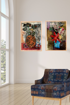 Two abstract paintings on a wall above a patterned armchair in a room with large windows.