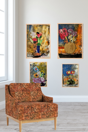 Decorative armchair with floral artwork on a wall