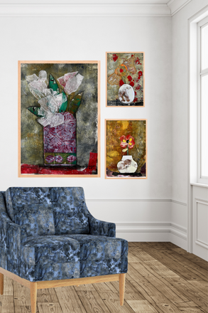 Blue armchair in a room with abstract art on the wall